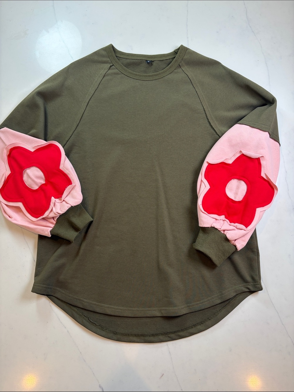 Olive Green Top with Pink & Red Flower Sleeves